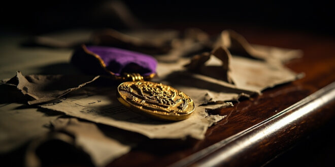 MBE medal sits beside torn certificate pieces on dark wooden desk surface.