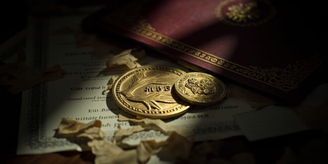 MBE medal sits beside torn certificate fragments on wooden desk surface with formal documents