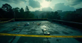 Empty university rooftop with forensic evidence markers and yellow tape overlooking campus buildings