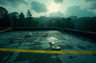 Empty university rooftop with forensic evidence markers and yellow tape overlooking campus buildings