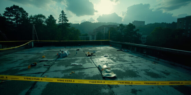 Empty university rooftop with forensic evidence markers and yellow tape overlooking campus buildings