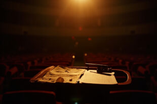 Empty concert hall with conductor's podium illuminated by single spotlight, scattered sheet music visible