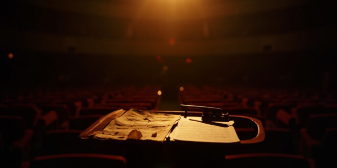 Empty concert hall with conductor's podium illuminated by single spotlight, scattered sheet music visible