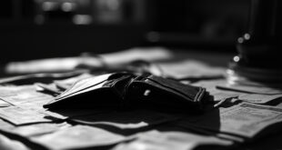Empty wallet on wooden table surrounded by unpaid bills and nearly empty food containers.