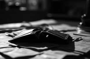 Empty wallet on wooden table surrounded by unpaid bills and nearly empty food containers.