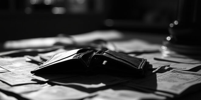 Empty wallet on wooden table surrounded by unpaid bills and nearly empty food containers.