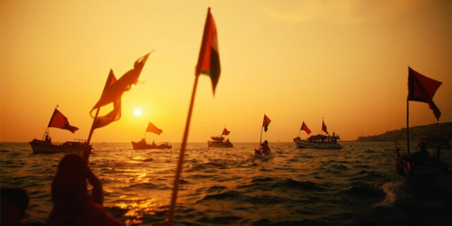 Fleet of boats with Palestinian flags sailing from port at sunset across calm Mediterranean waters.