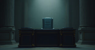 Empty ornate government office with leather chair and wooden desk in classical French interior