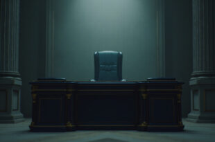 Empty ornate government office with leather chair and wooden desk in classical French interior