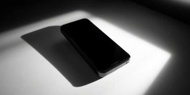 Black smartphone lying on white surface under dramatic studio lighting with geometric shadow patterns