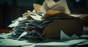 Thick manila folder overflowing with administrative documents on dark wooden desk in government office setting