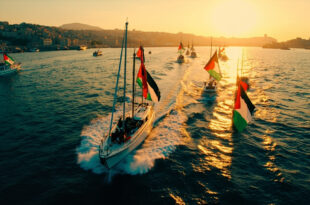 Fleet of vessels with Palestinian flags sailing from Mediterranean port at sunset
