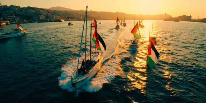 Fleet of vessels with Palestinian flags sailing from Mediterranean port at sunset
