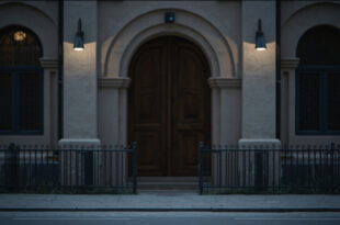 Empty synagogue entrance with wooden doors, security camera, and stone architecture on quiet street