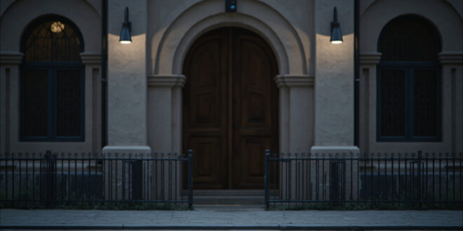 Empty synagogue entrance with wooden doors, security camera, and stone architecture on quiet street