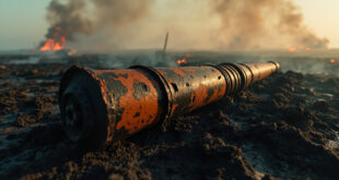 Corroded World War Two artillery shell partially buried in blackened peat with smoke rising from burning moorland
