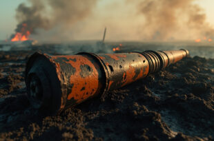 Corroded World War Two artillery shell partially buried in blackened peat with smoke rising from burning moorland