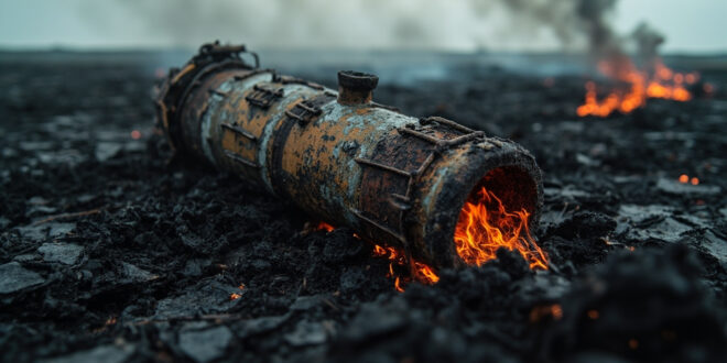 Rusted World War Two tank shell partially exposed in charred moorland peat with smoke wisps