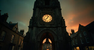 Stone clock tower at night with illuminated clock face showing midnight hour in historic town square