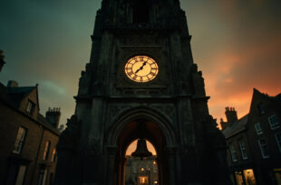 Stone clock tower at night with illuminated clock face showing midnight hour in historic town square