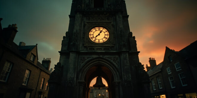 Stone clock tower at night with illuminated clock face showing midnight hour in historic town square