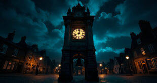 Gothic stone clock tower illuminated at night showing ornate clock face with Roman numerals in historic town square