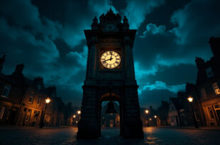 Gothic stone clock tower illuminated at night showing ornate clock face with Roman numerals in historic town square