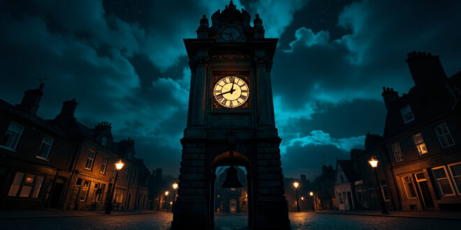 Gothic stone clock tower illuminated at night showing ornate clock face with Roman numerals in historic town square
