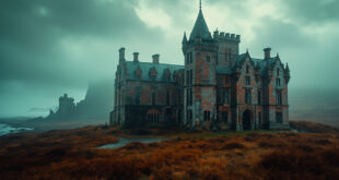 Red sandstone castle with turrets on grassy island surrounded by dark sea and distant mountains