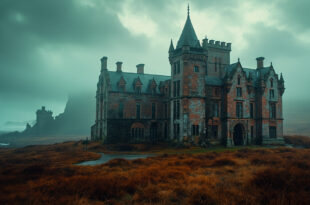 Red sandstone castle with turrets on grassy island surrounded by dark sea and distant mountains
