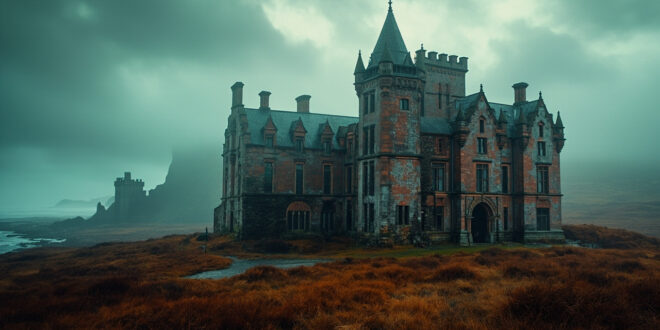 Red sandstone castle with turrets on grassy island surrounded by dark sea and distant mountains