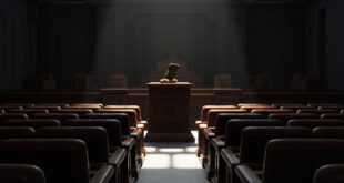 Empty parliamentary chamber with rows of vacant leather seats, wooden podium, and ceremonial gavel on judicial bench