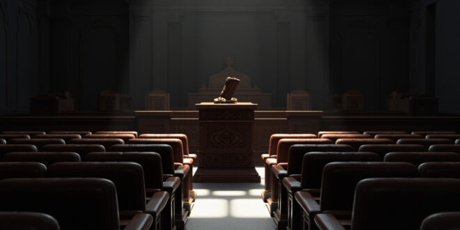 Empty parliamentary chamber with rows of vacant leather seats, wooden podium, and ceremonial gavel on judicial bench