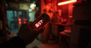 Digital thermometer showing high temperature reading in poorly ventilated residential interior