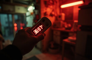 Digital thermometer showing high temperature reading in poorly ventilated residential interior