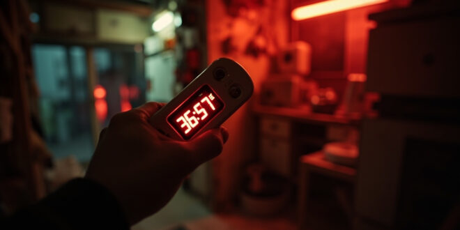 Digital thermometer showing high temperature reading in poorly ventilated residential interior