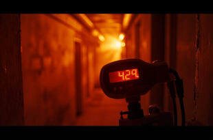 Digital thermometer showing extreme heat reading in cramped residential interior with concrete walls