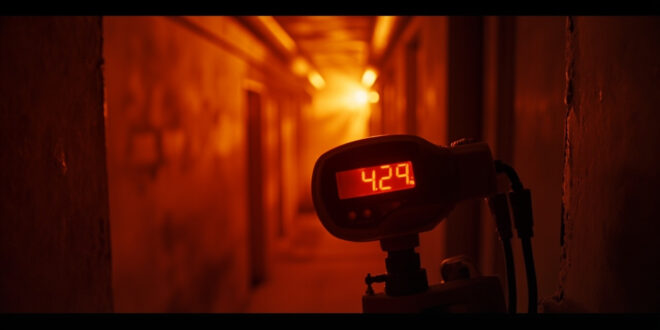 Digital thermometer showing extreme heat reading in cramped residential interior with concrete walls