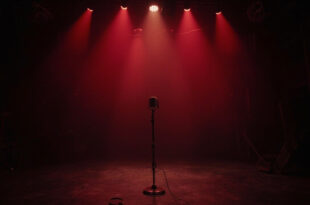 Empty television studio with single microphone stand on darkened stage, abandoned chairs and cameras in shadows