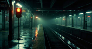 Wet subway tracks and platform under stormy sky with emergency lighting