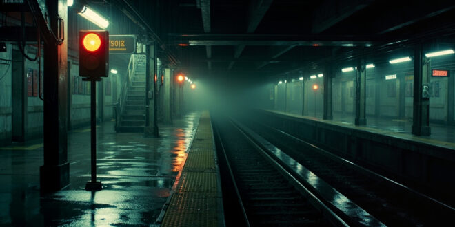 Wet subway tracks and platform under stormy sky with emergency lighting