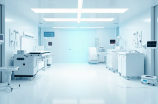 Heart rate monitor and medical equipment in hospital intensive care unit with white walls and clinical lighting