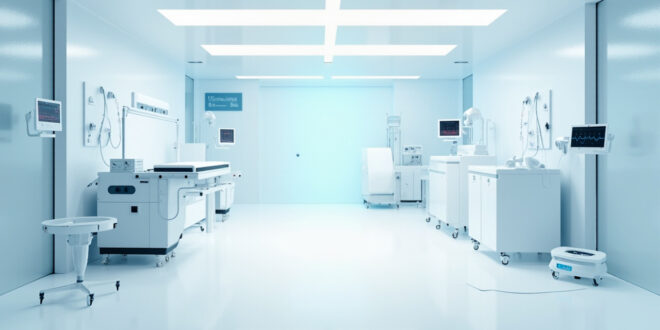 Heart rate monitor and medical equipment in hospital intensive care unit with white walls and clinical lighting