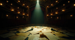 Empty Broadway theater stage with microphones, scripts and charity materials under dramatic stage lighting