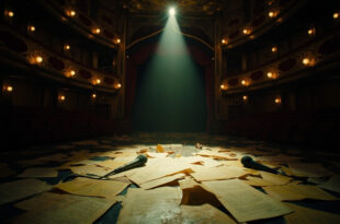 Empty Broadway theater stage with microphones, scripts and charity materials under dramatic stage lighting