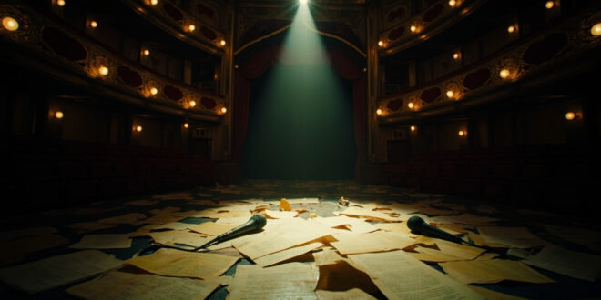 Empty Broadway theater stage with microphones, scripts and charity materials under dramatic stage lighting