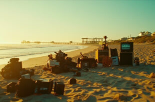 Vintage TV production equipment arranged on sandy beach with ocean backdrop and golden sunset lighting