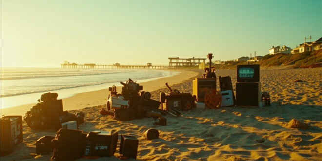 Vintage TV production equipment arranged on sandy beach with ocean backdrop and golden sunset lighting