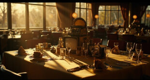 Elegant restaurant table setting with vintage television memorabilia and fine dining arrangements