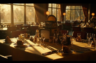 Elegant restaurant table setting with vintage television memorabilia and fine dining arrangements